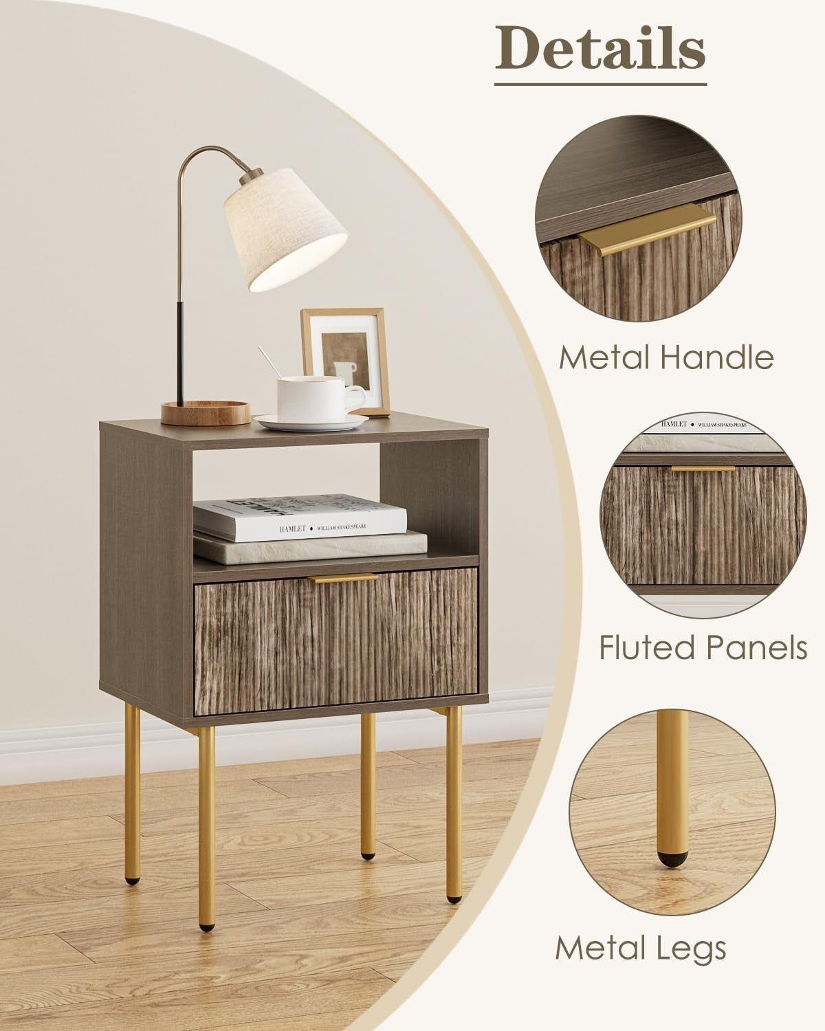 Modern Grey Bedside Table with Drawer & Open Shelf | Wooden Nightstand
