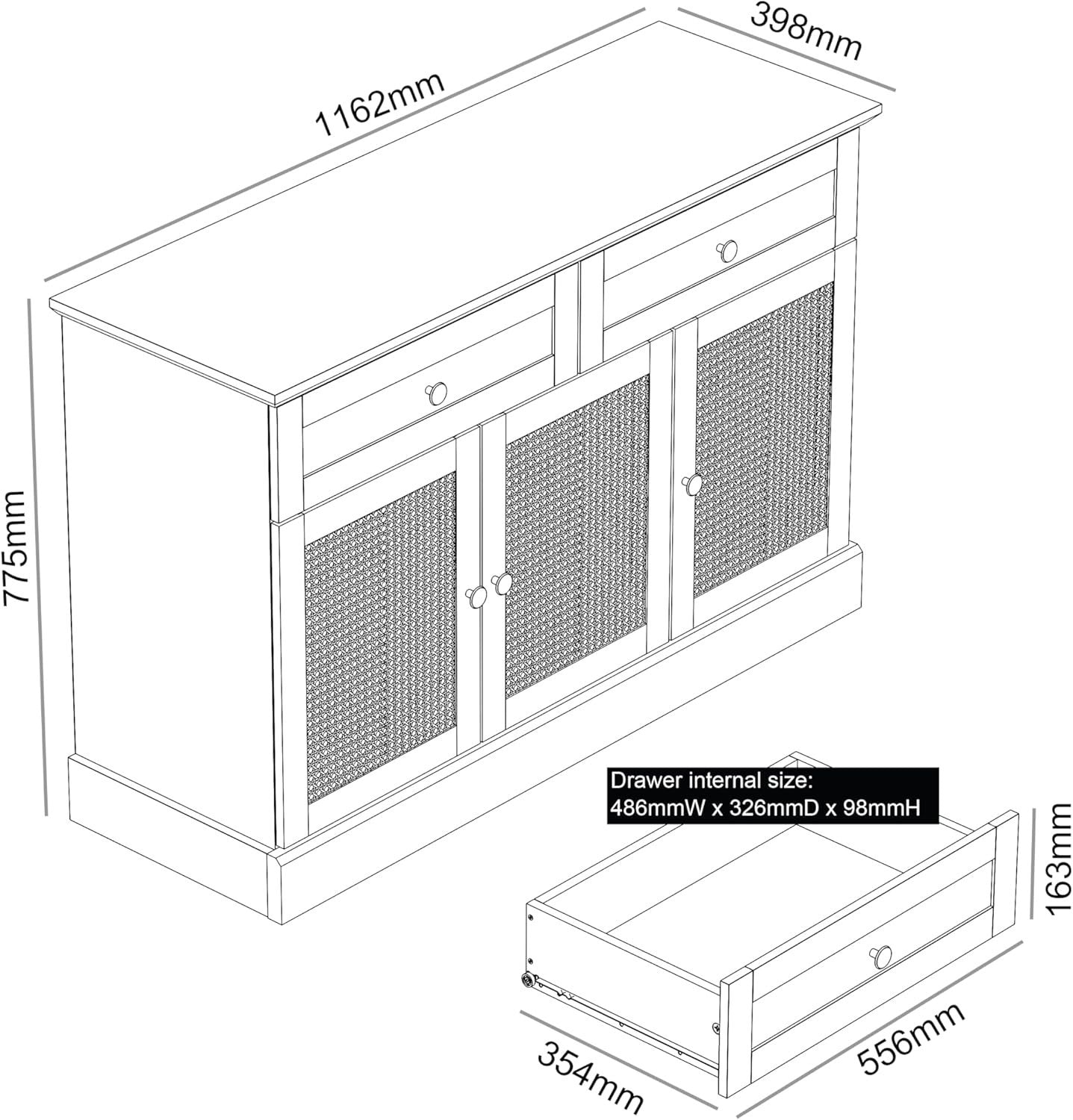 White Rattan Sideboard Cabinet 3 Door 2 Drawer Storage Unit Kitchen