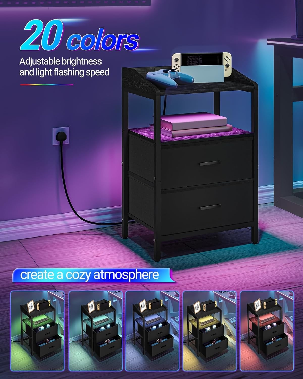Black Bedside Table with USB Type-C Charging Ports & 2 Drawers