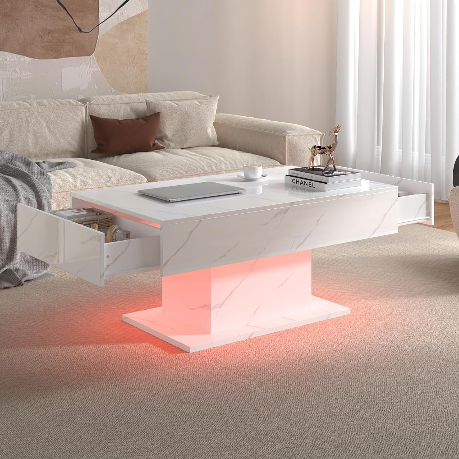 White Marble LED Coffee Table with 2 Drawers, High Gloss 110x55cm
