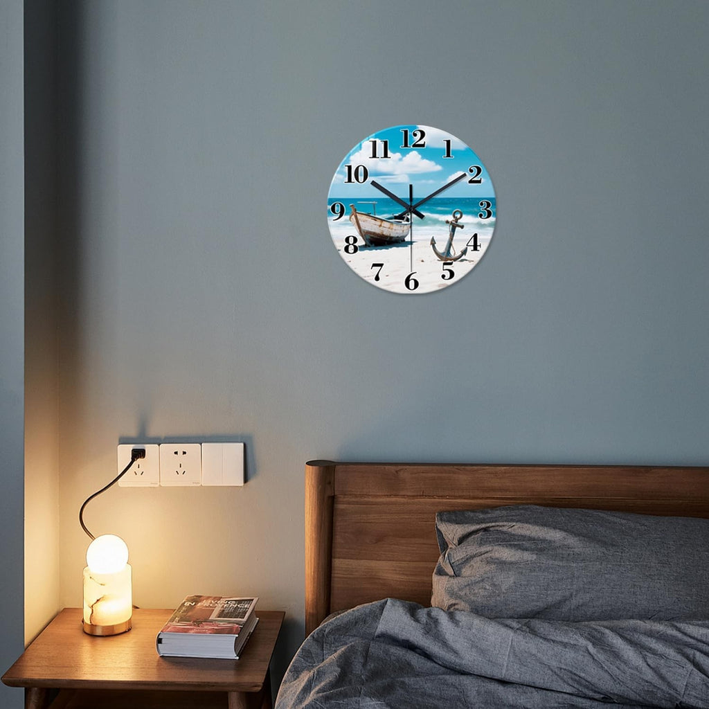 14" Coastal Beach Wall Clock Silent Non-Ticking Blue Ocean Boat Decor