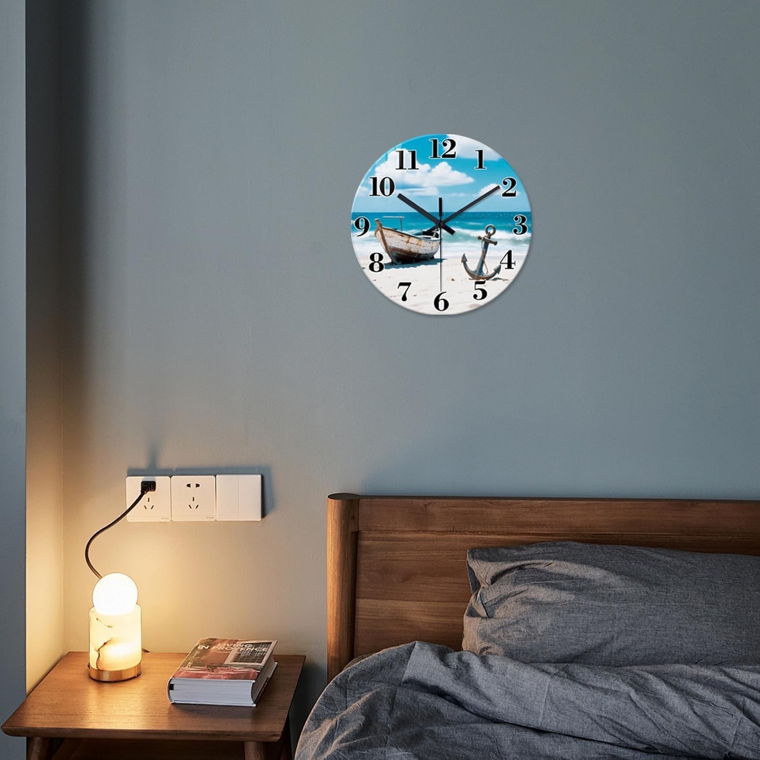 14" Coastal Beach Wall Clock Silent Non-Ticking Blue Ocean Boat Decor