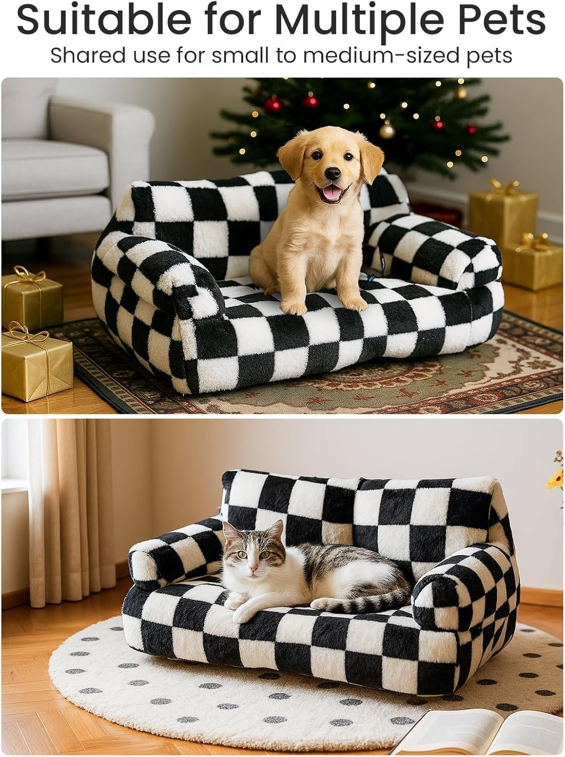 Fluffy Cat Sofa Bed Plush Pet Couch Removable Washable Cover Black