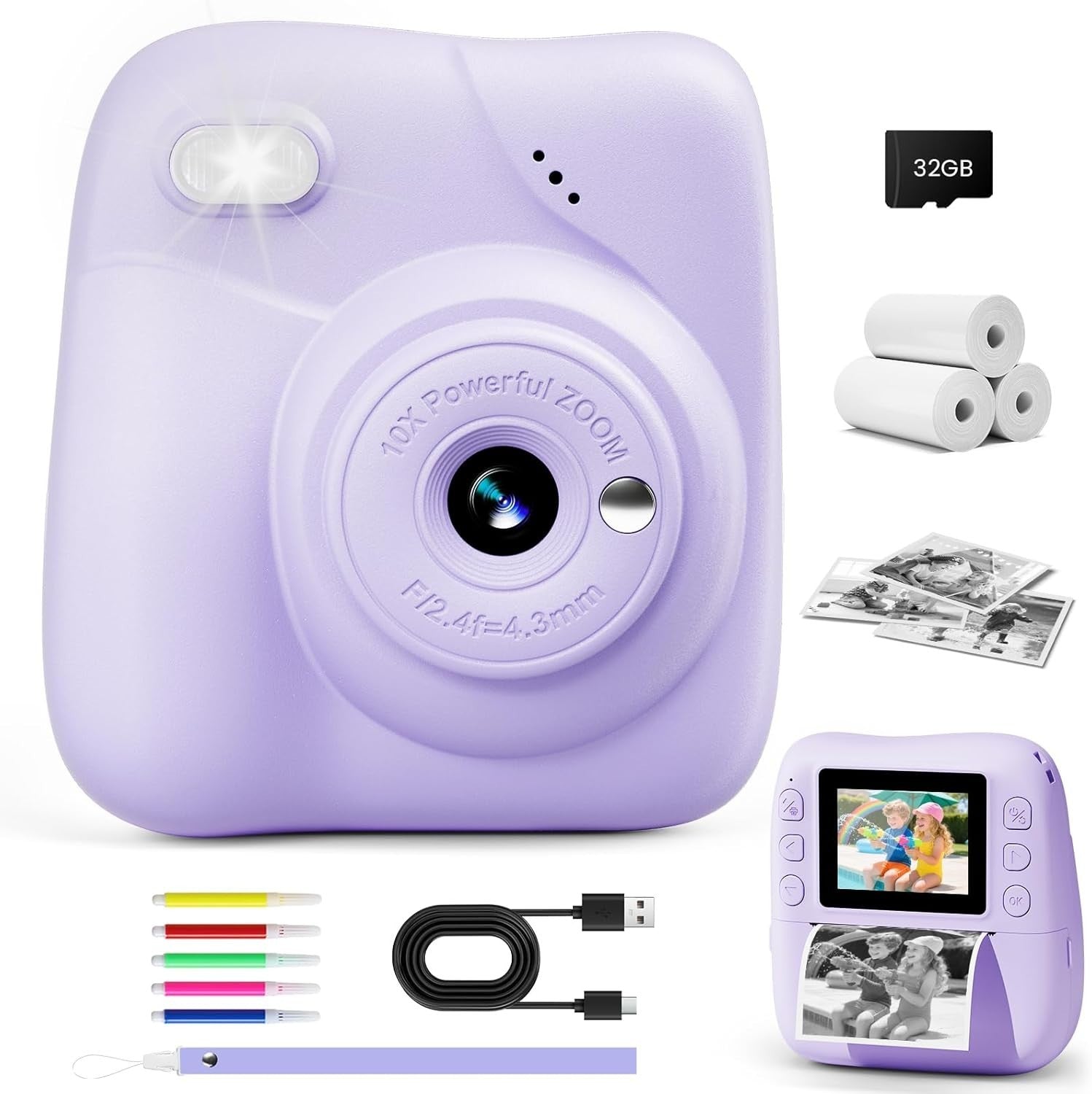 Kids Instant Print Camera 48MP 1080P Video 32GB Card Purple Gift