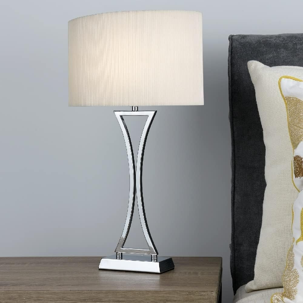 Modern Chrome Table Lamp with Cream Pleated Shade & Inline Switch