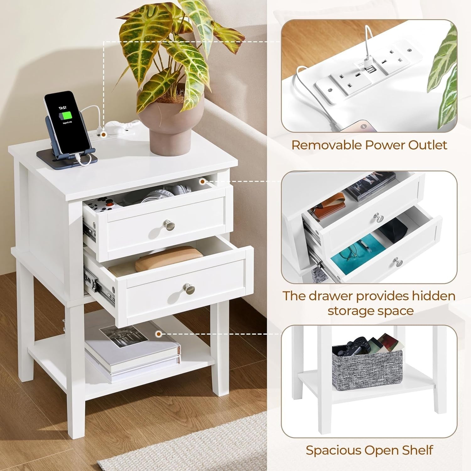 White Bedside Tables Set of 2 with Charging Station, 2 Drawers & Shelf