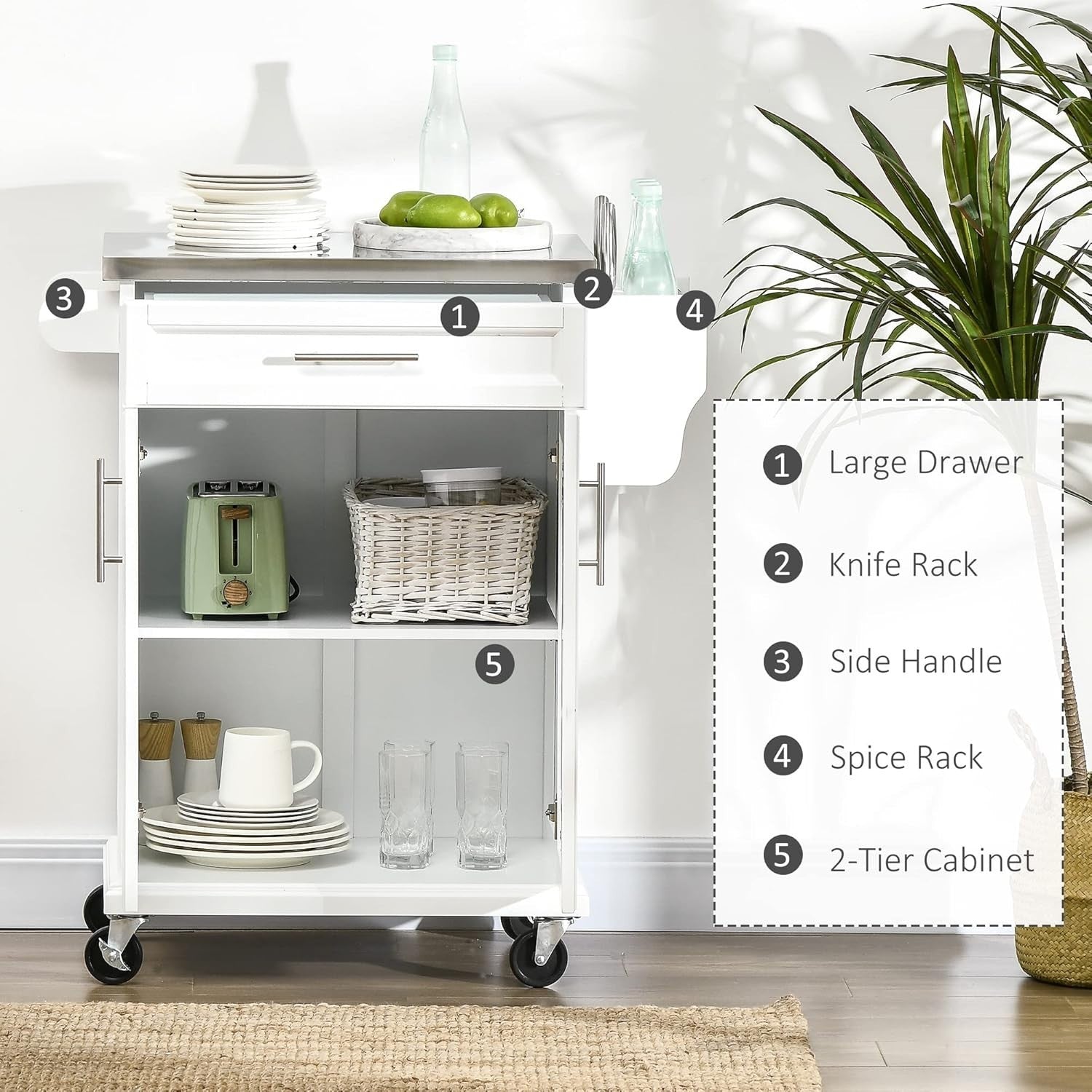 Kitchen Island Cart with Stainless Steel Top, Storage Drawer & Wheels, White