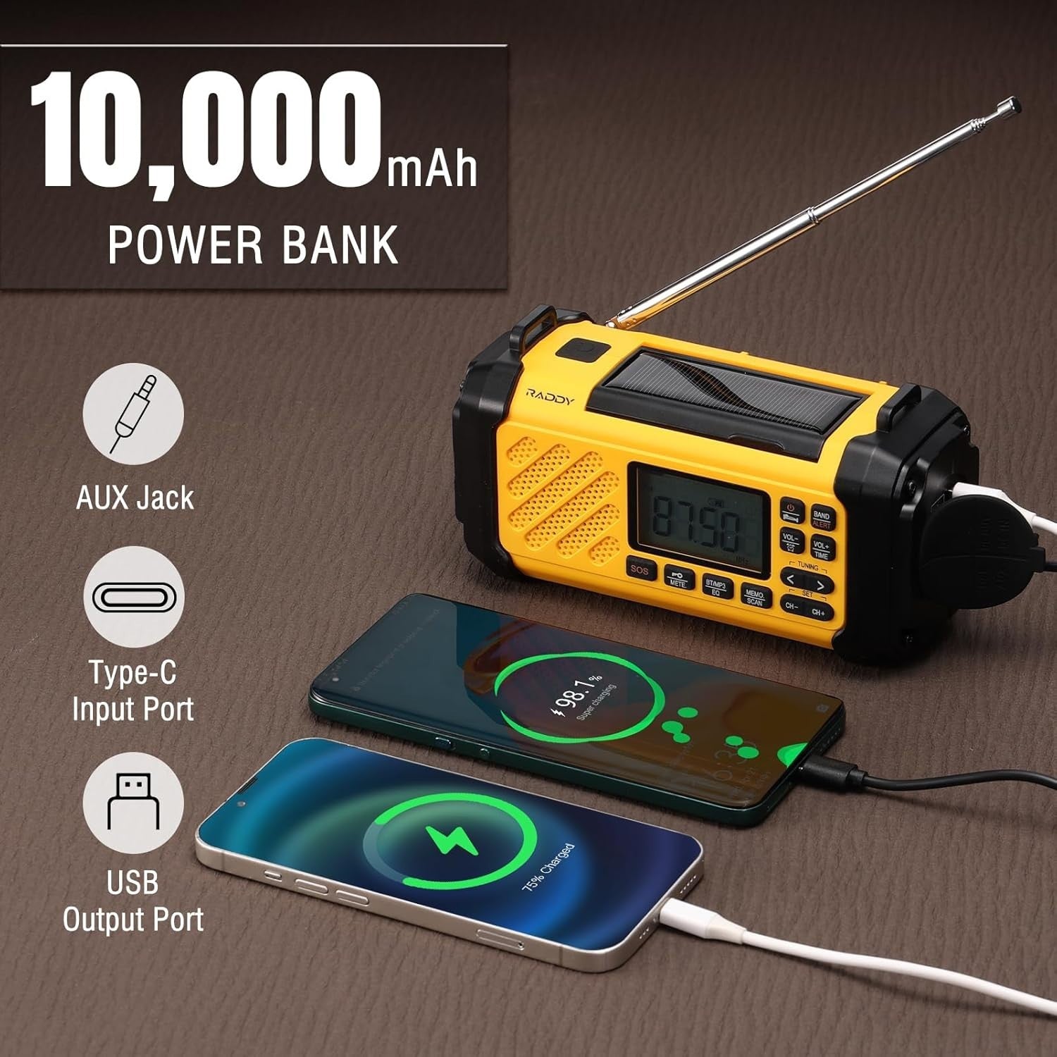 10,000mAh Emergency Hand Crank Radio NOAA Weather Alert Flashlight