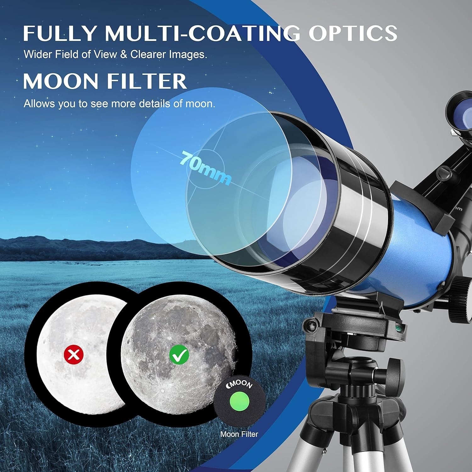 70mm Aperture 400mm Refractor Telescope for Adults & Kids with Tripod