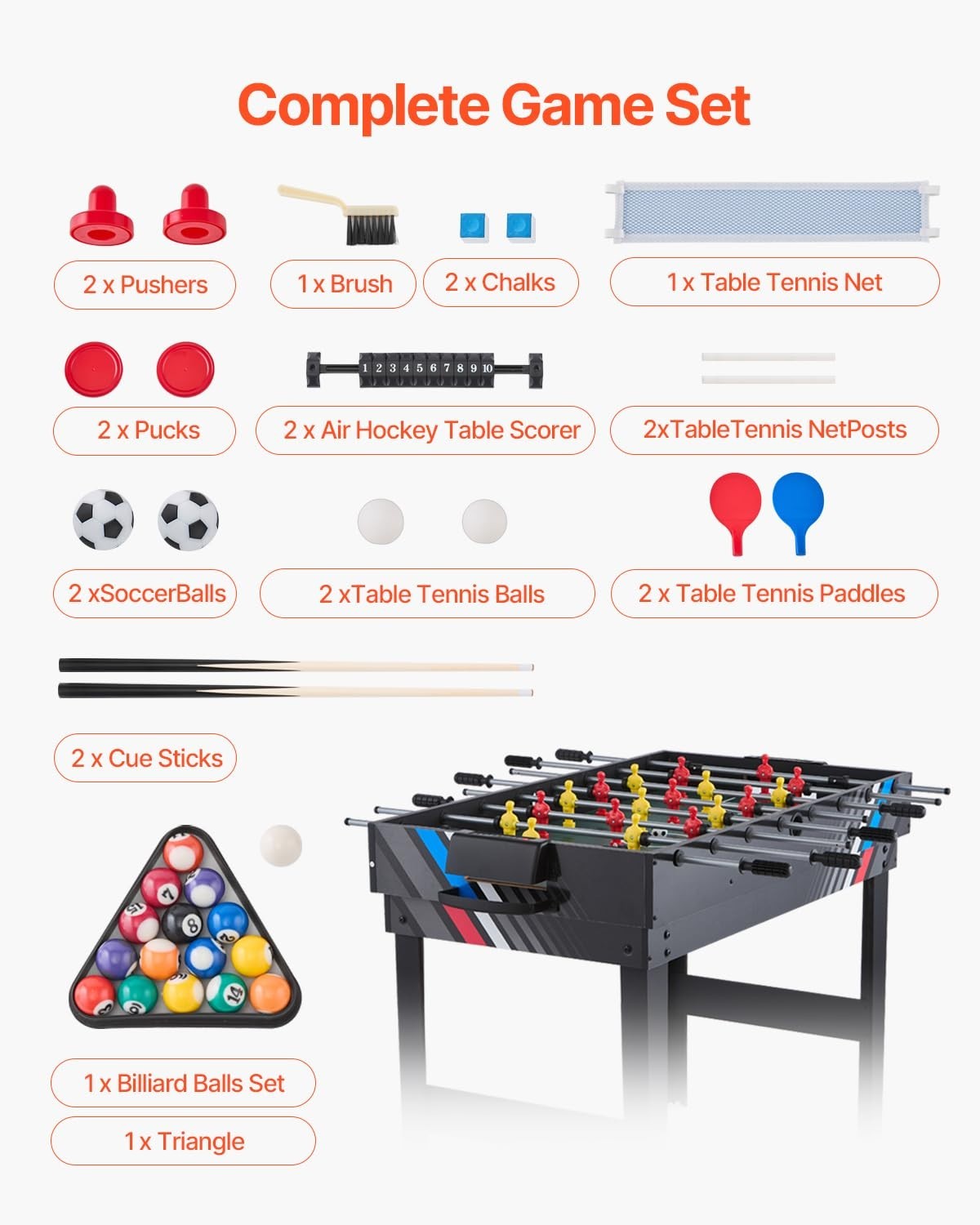 48 Inch 4 in 1 Game Table Air Hockey Pool Foosball Tennis Combo