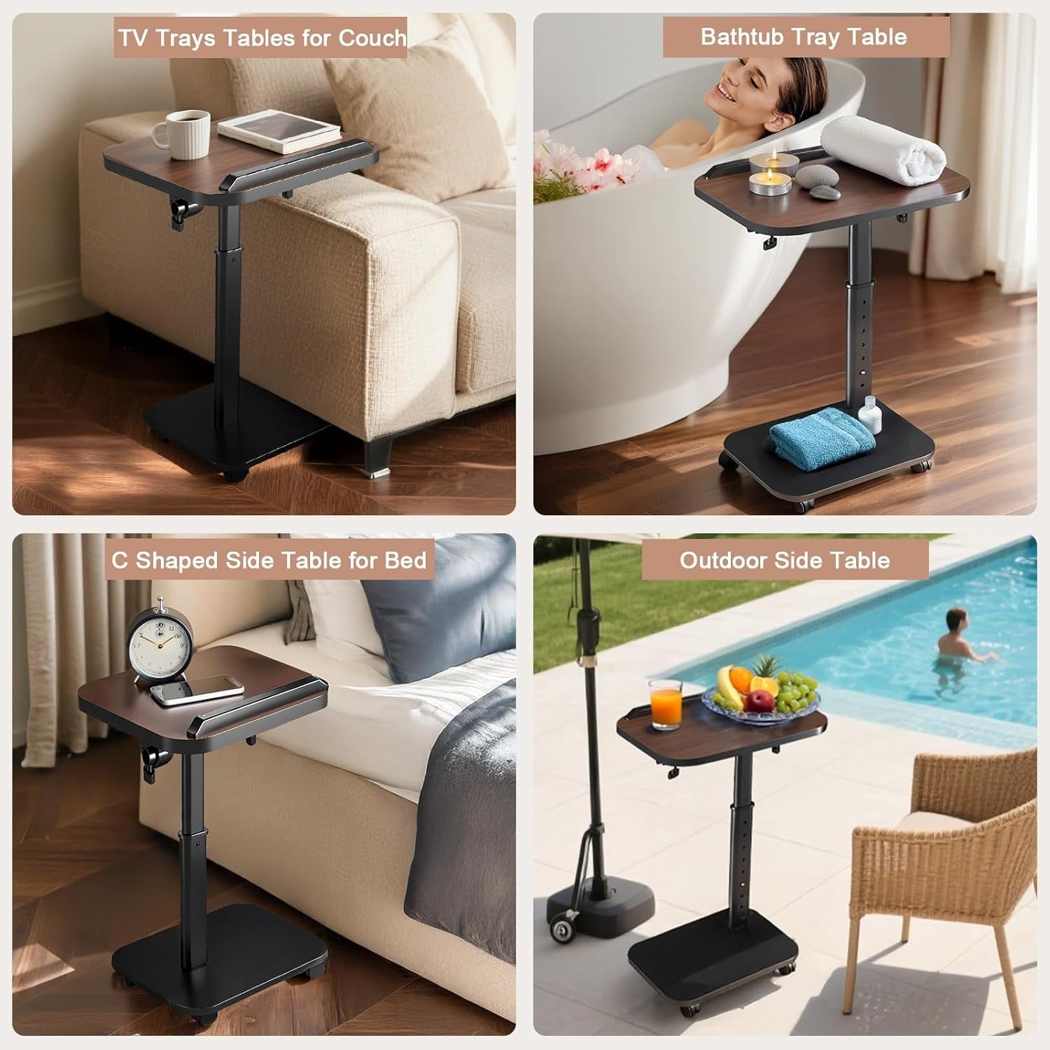 C Shaped Adjustable Sofa Side Table Laptop Desk 180° Flip Top With Wheels