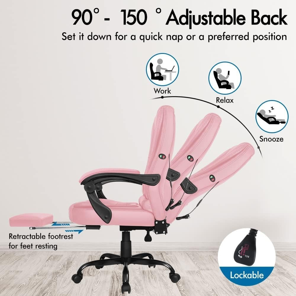 Pink Massage Gaming Office Chair Recliner Footrest Executive Swivel PU Leather