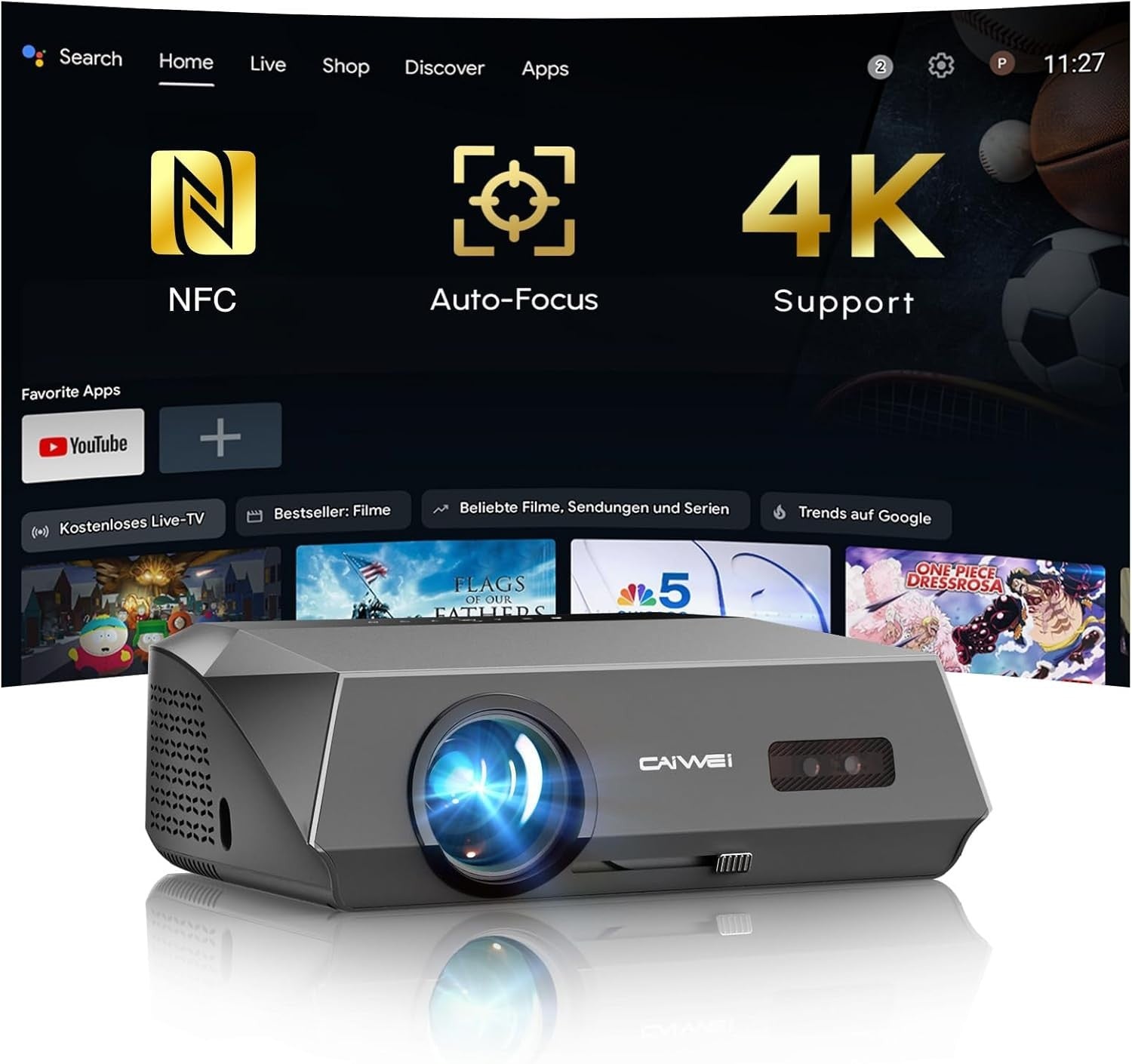 4K Smart Projector 2300 ANSI Google TV WiFi 6 Bluetooth HDR