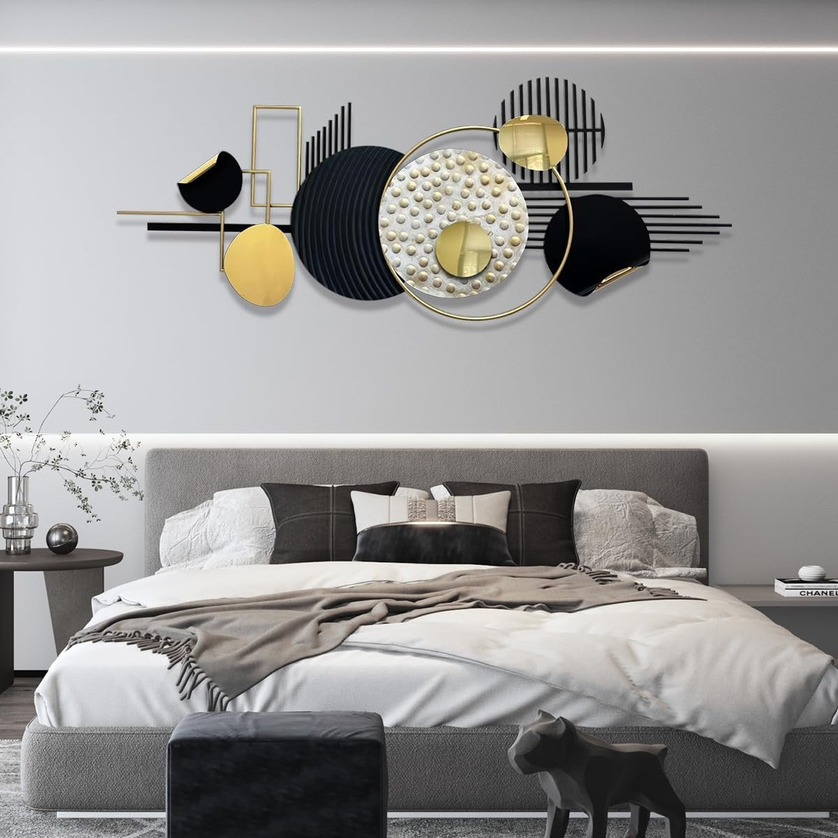 Modern Metal Wall Art Black Gold Geometric Sculptures for Living Room