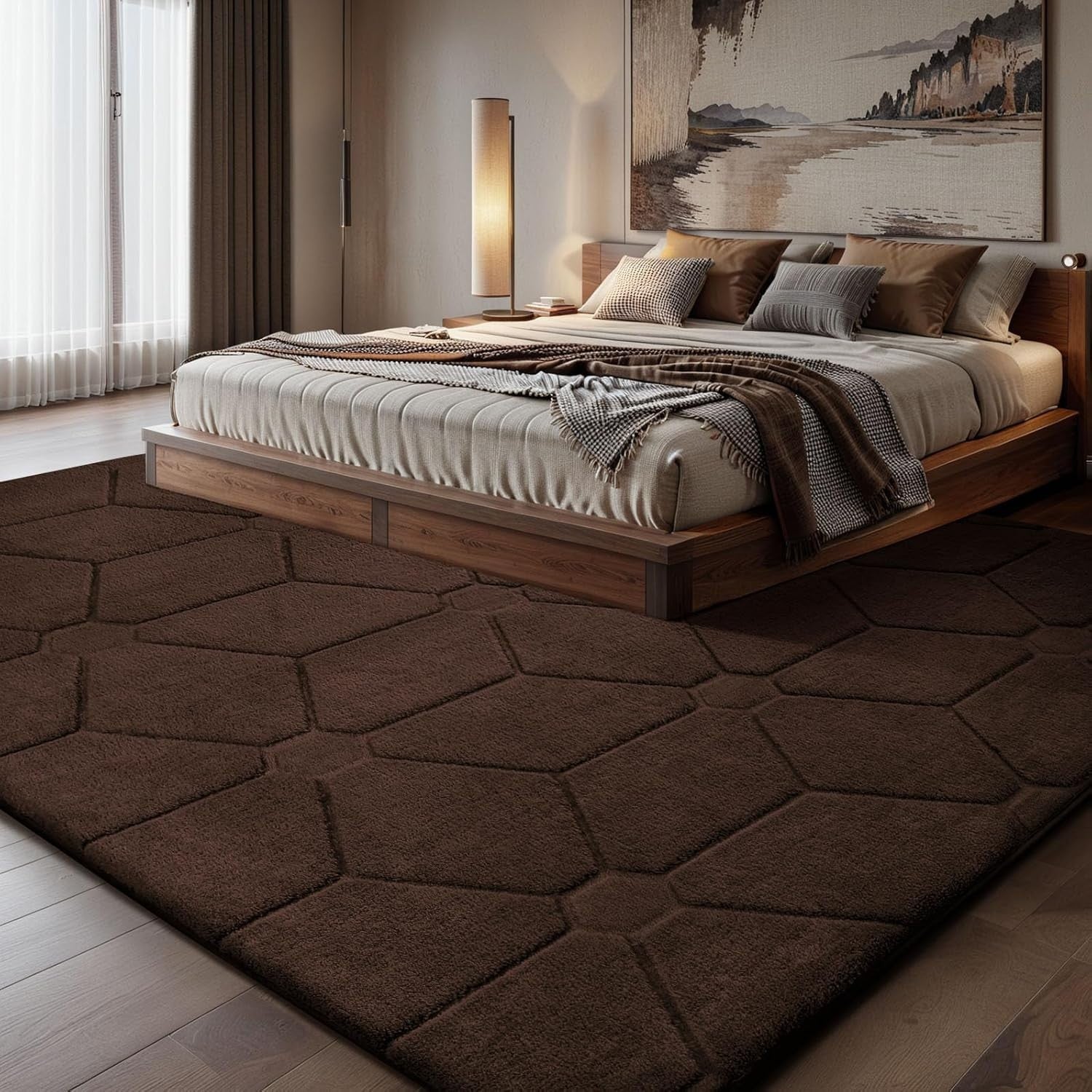 Coffee Brown Area Rug 140x200cm Short Pile Washable Anti Slip Living Room