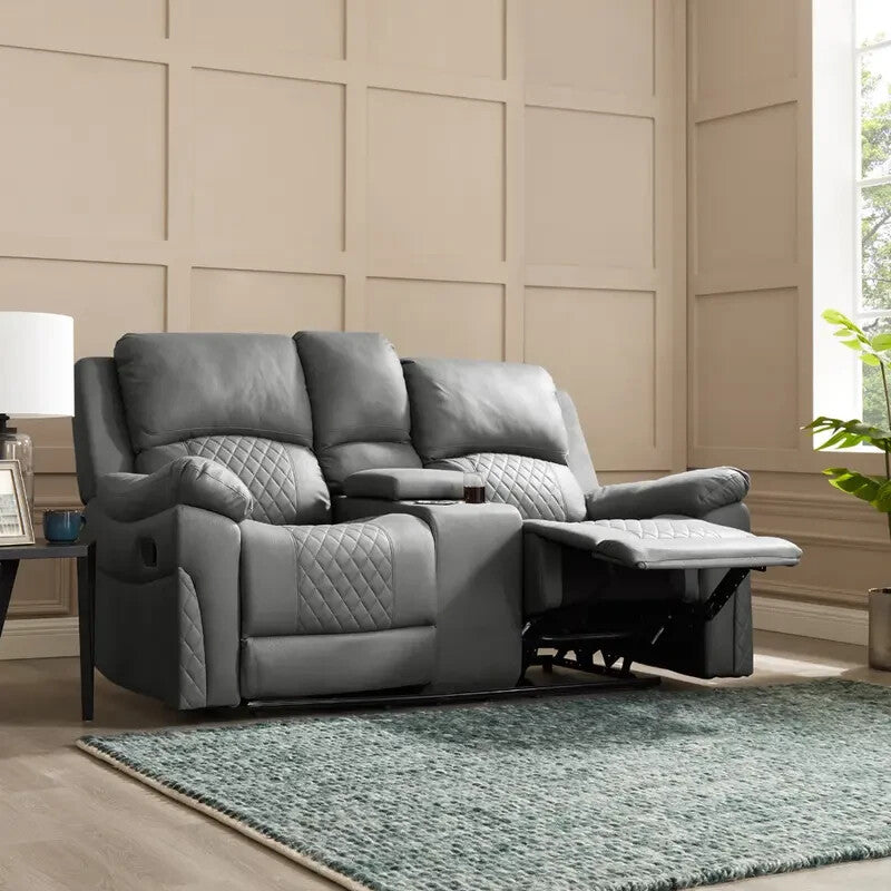 2 Seater Recliner Sofa with Cupholders Storage Console Grey Air Leather