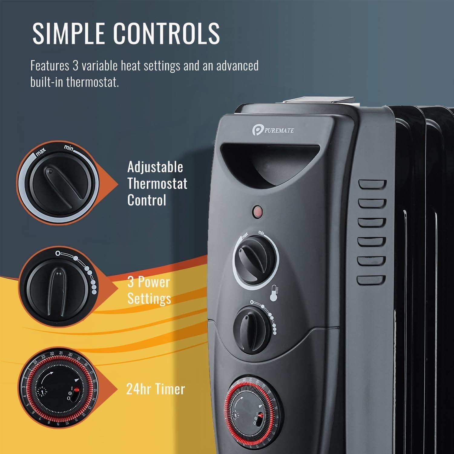 2500W Oil-Filled Radiator Heater – 11 Fins, Timer, Thermostat, Portable