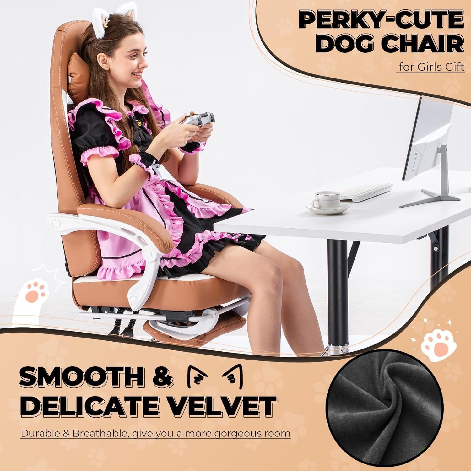 Reclining Gaming Chair w/ Footrest Cat Ears PU Leather Brown