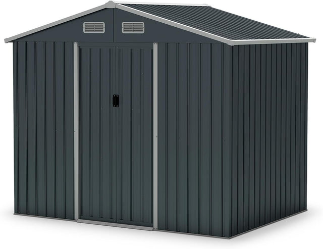 8x6FT Metal Garden Shed with Double Sliding Doors & Ramp Foundation