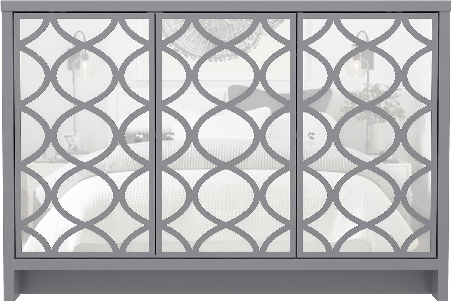 Grey Mirrored Sideboard Cabinet 3 Door Storage Unit for Hall or Lounge