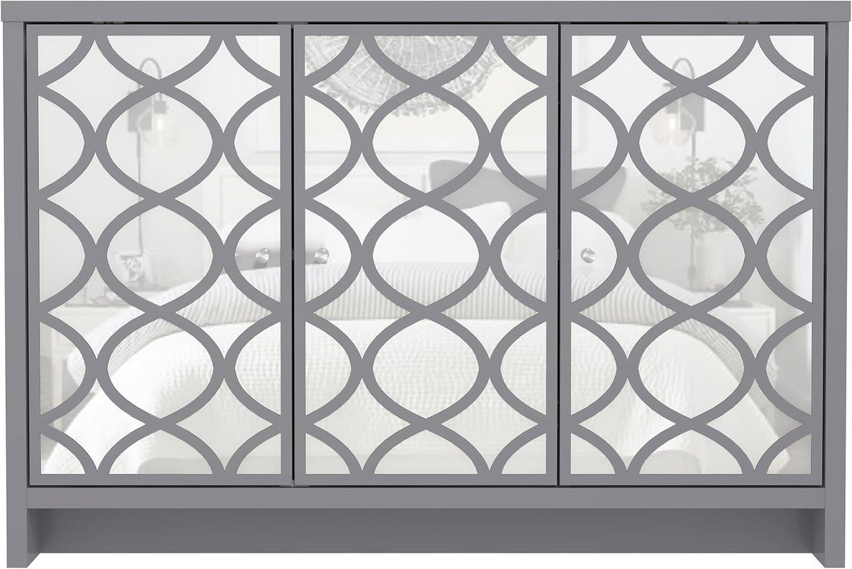 Grey Mirrored Sideboard Cabinet 3 Door Storage Unit for Hall or Lounge