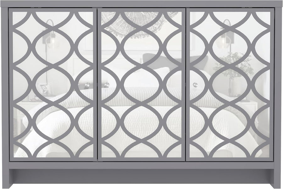 Grey Mirrored Sideboard Cabinet 3 Door Storage Unit for Hall or Lounge