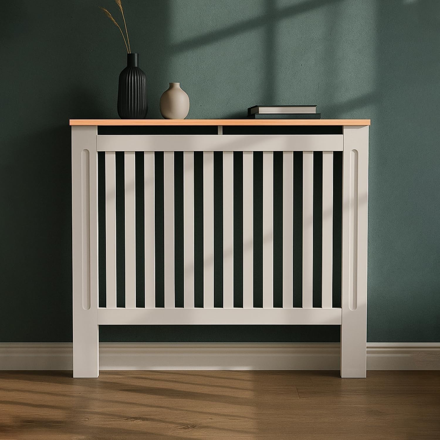 Medium Radiator Cover White MDF Classic Wood with Oak Top Shelf W111xH83cm