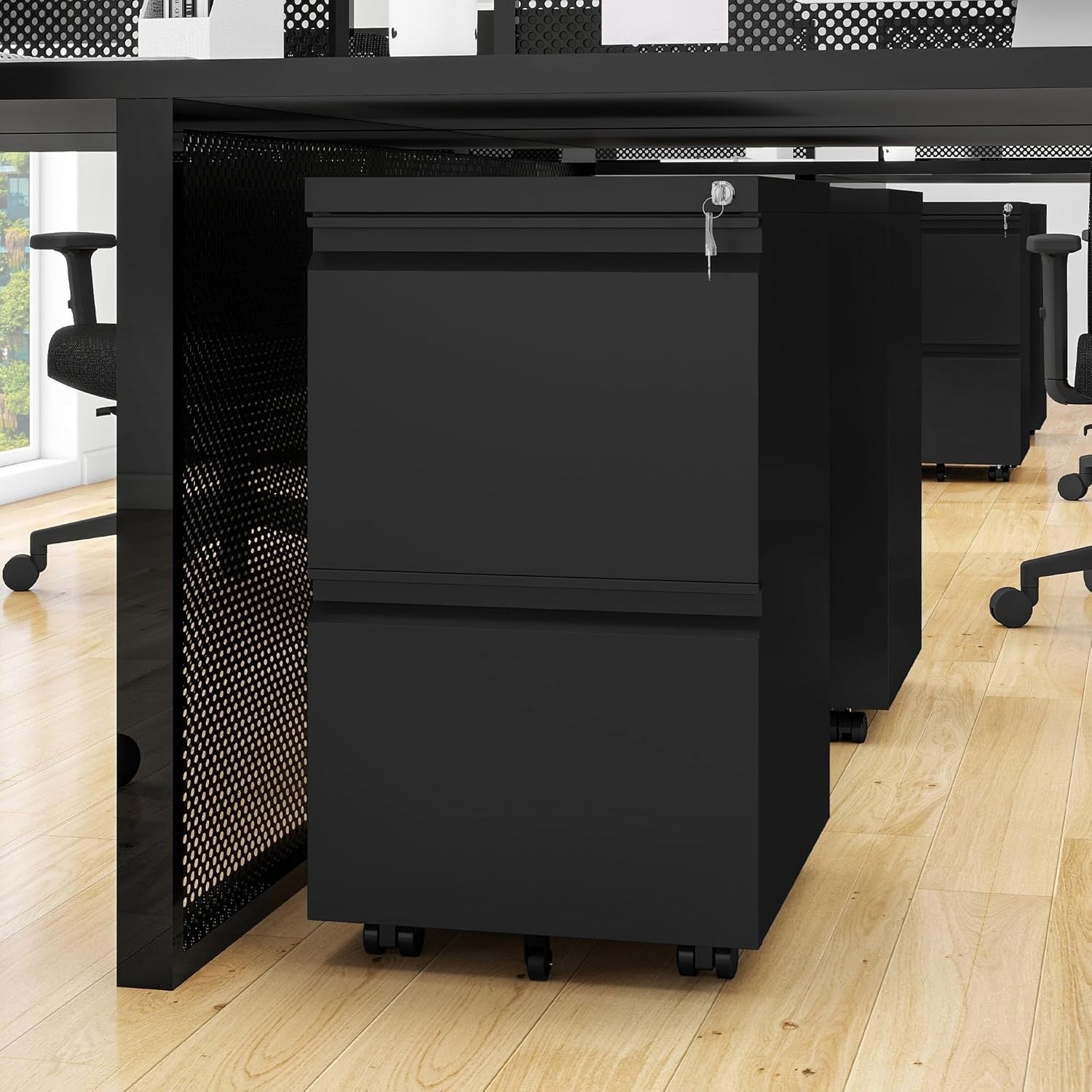 Black Mobile Filing Cabinet 2 Drawer Lockable Anti Tip Under Desk