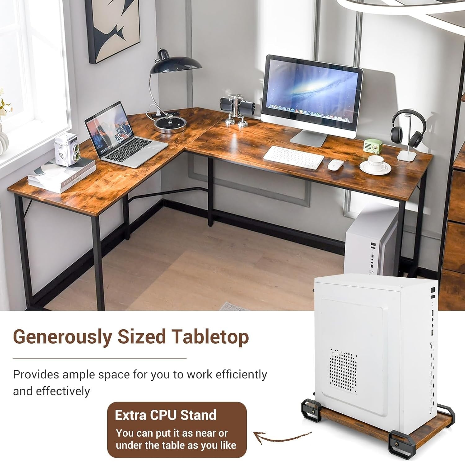 Rustic Brown L-Shaped Desk 168cm Corner Computer Table with CPU Stand