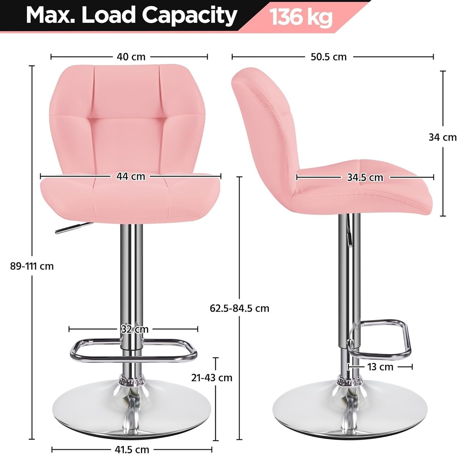 Adjustable Pink PU Leather Bar Stools Set of 4 – Swivel Counter Chairs