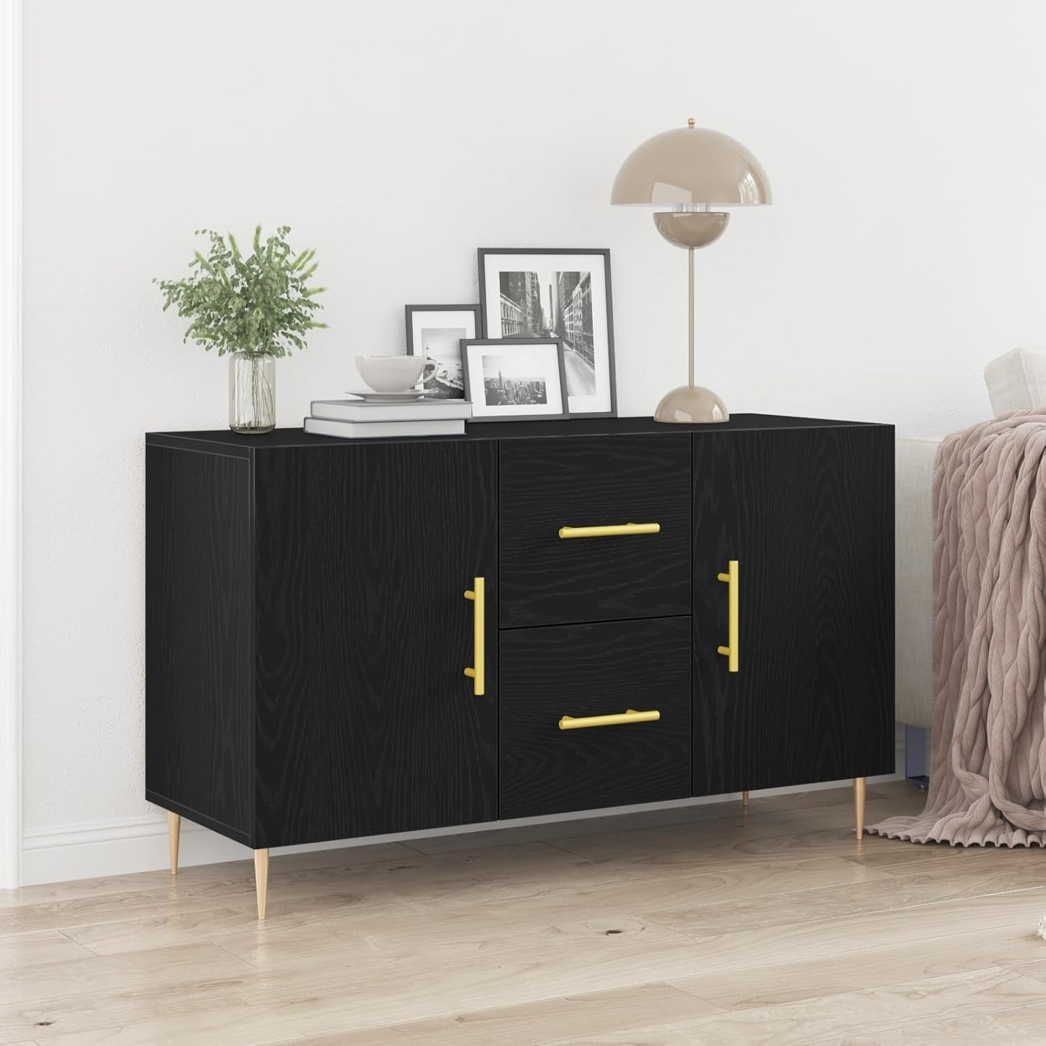 Black Oak Sideboard Cabinet Storage Drawers Modern Metal Legs 100cm Wide