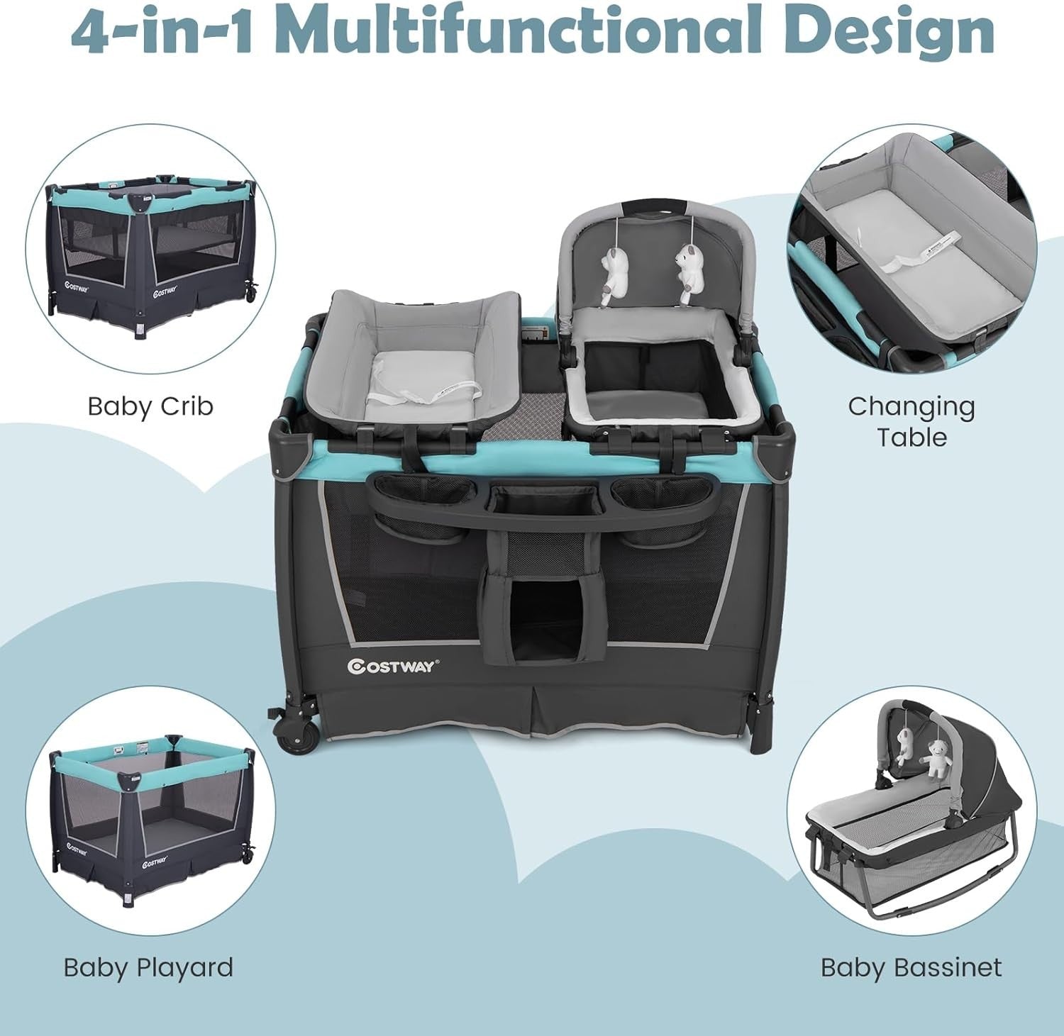 4in1 Travel Cot Baby Bedside Foldable Crib Bassinet Portable Playard Mint Green