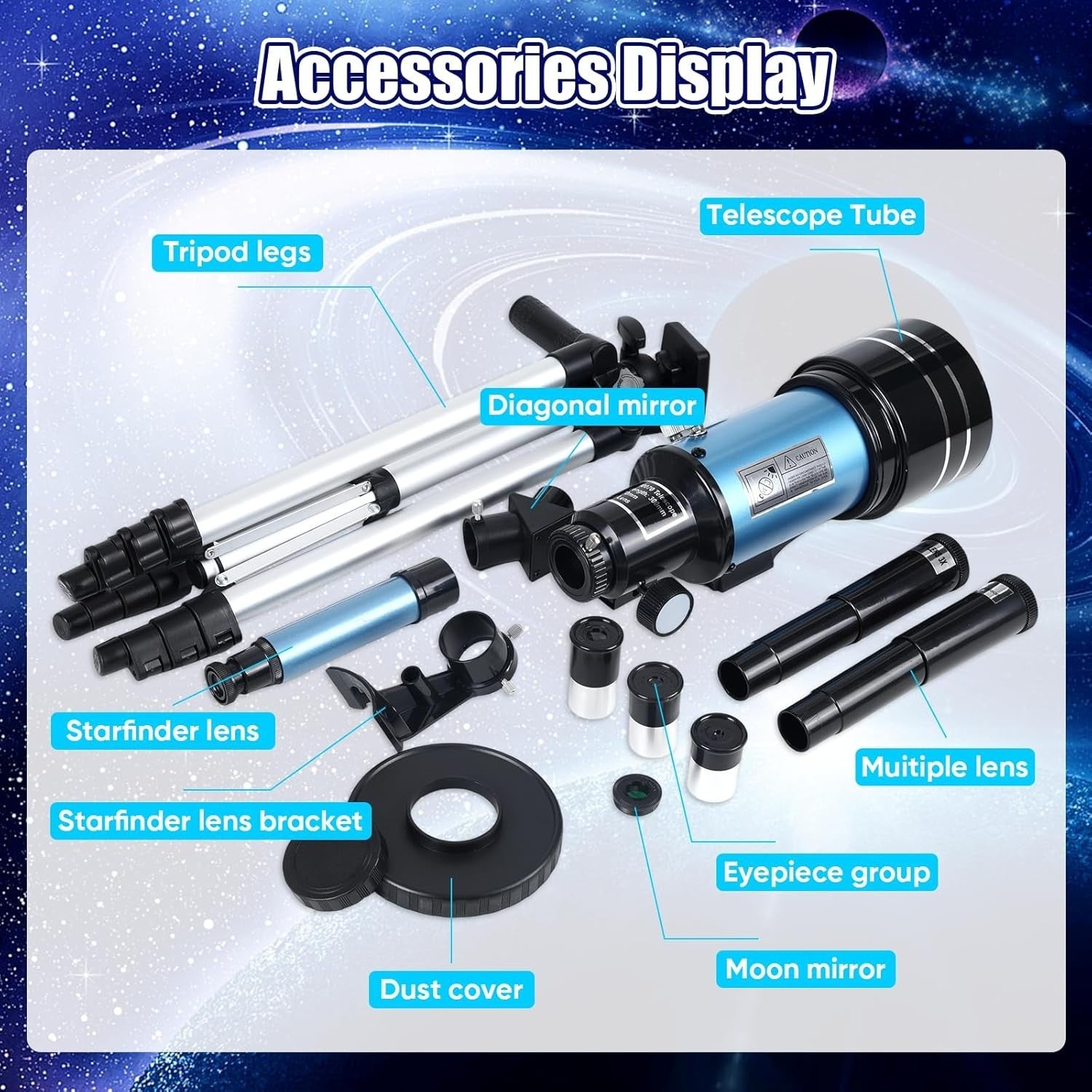 70mm Astronomy Refractor Telescope for Kids & Adults with Tripod - Blue