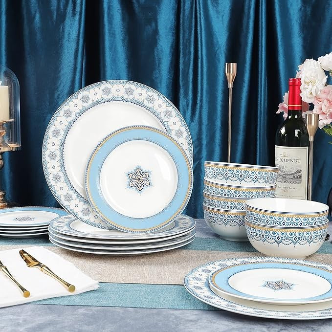 18pc Blue White Porcelain Dinner Set for 6 Plates Bowls Patterned Tableware