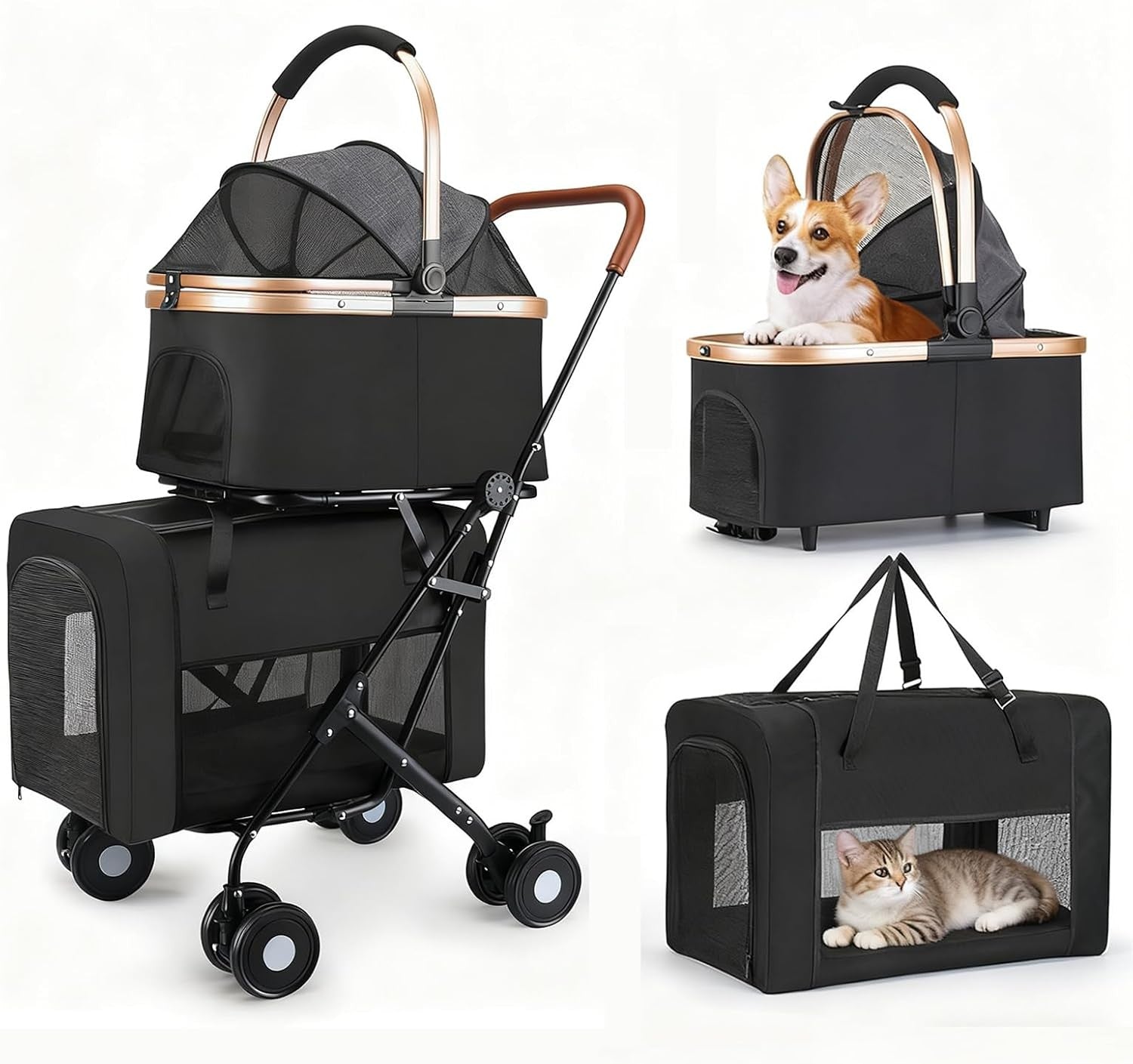 2 Tier Dog Stroller Folding Pet Pushchair 10kg Travel Pram Mesh 4 Wheels