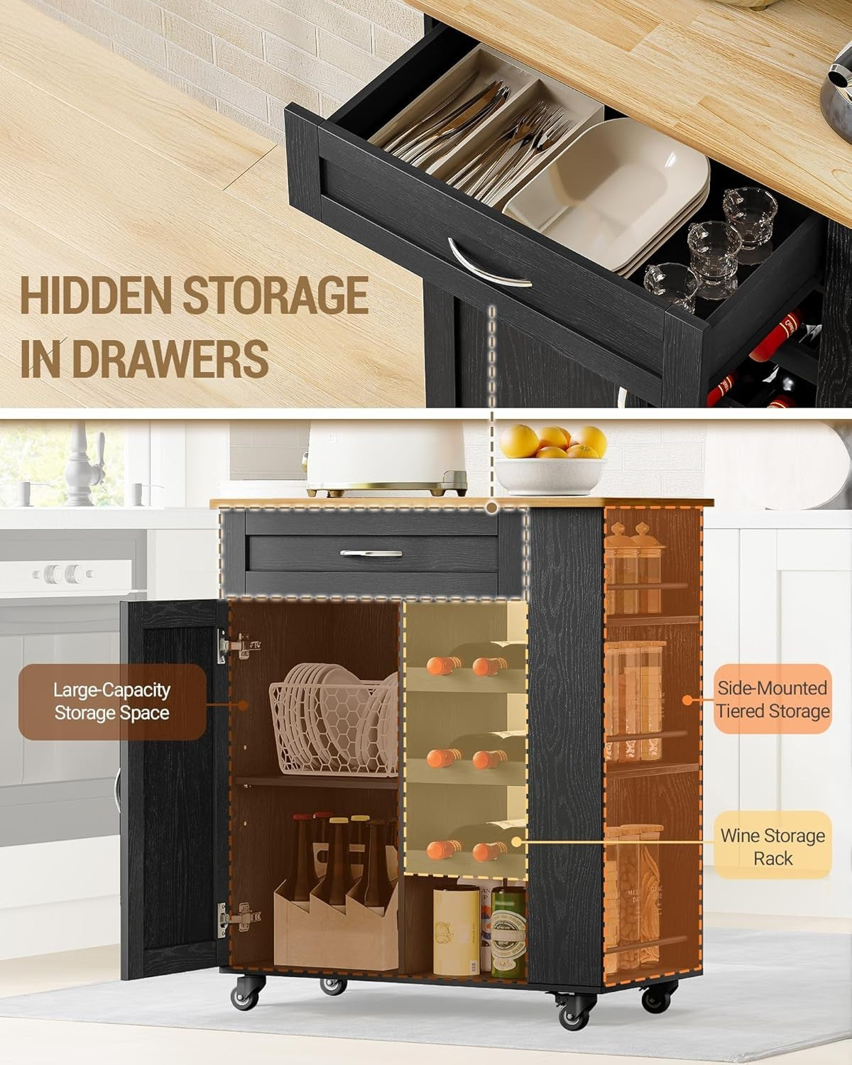 Black Rolling Kitchen Island Cart Wine Rack Drawers Shelves