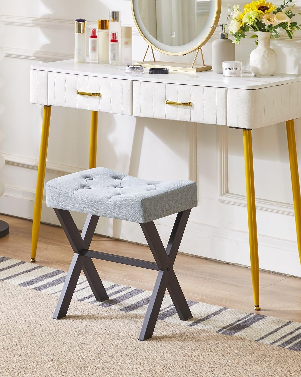Blue Gray U-Shaped Linen Vanity Stool with X-Leg – Makeup Seat & Footrest