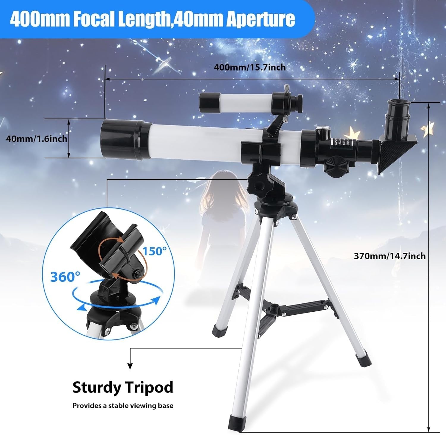40mm 400mm Beginner Refractor Telescope w/ Tripod Finder Scope Silver