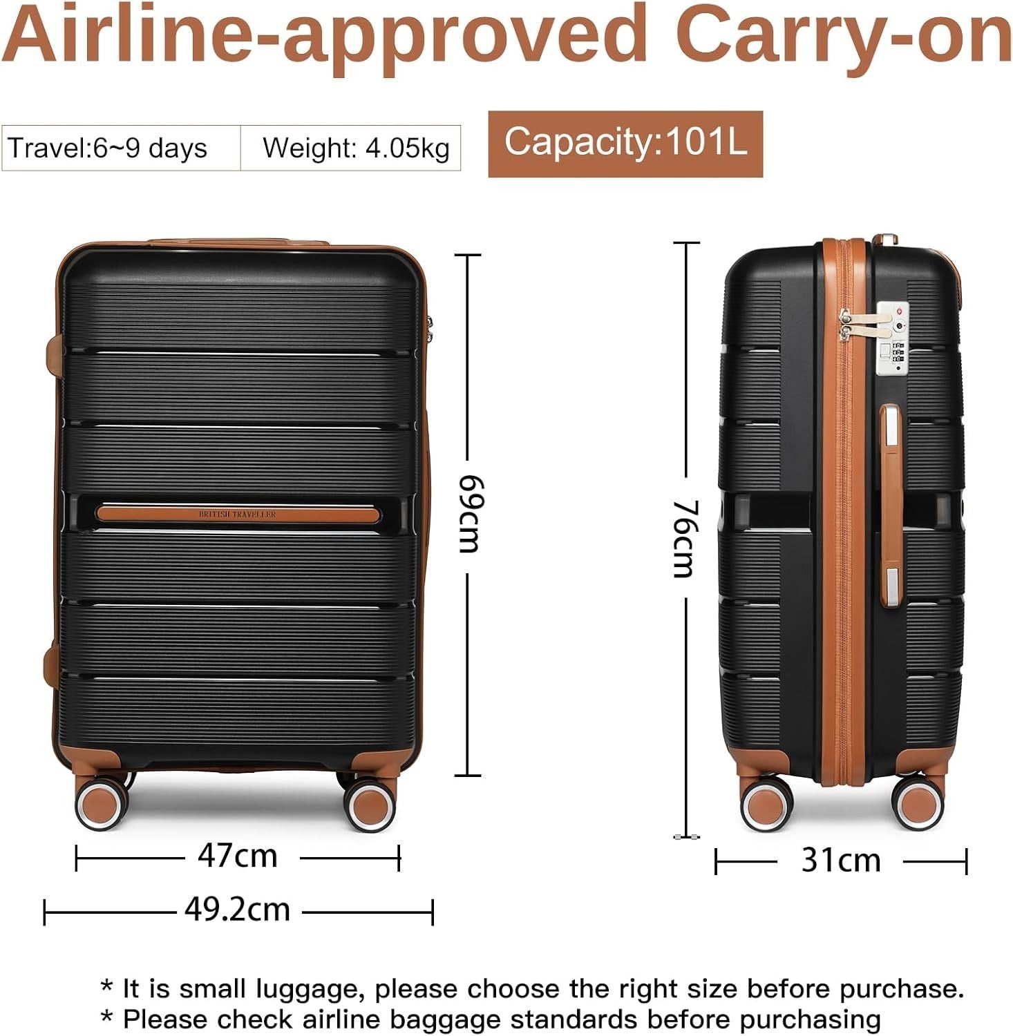 28'' Large Black Check In Suitcase PP Hard Shell TSA Lock 4 Spinner Wheels