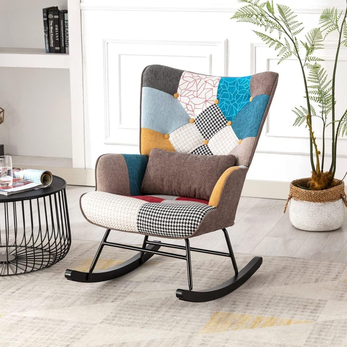 Patchwork Rocking Chair w/ Lumbar Support – Wood Legs, Quiet Glide 87cm