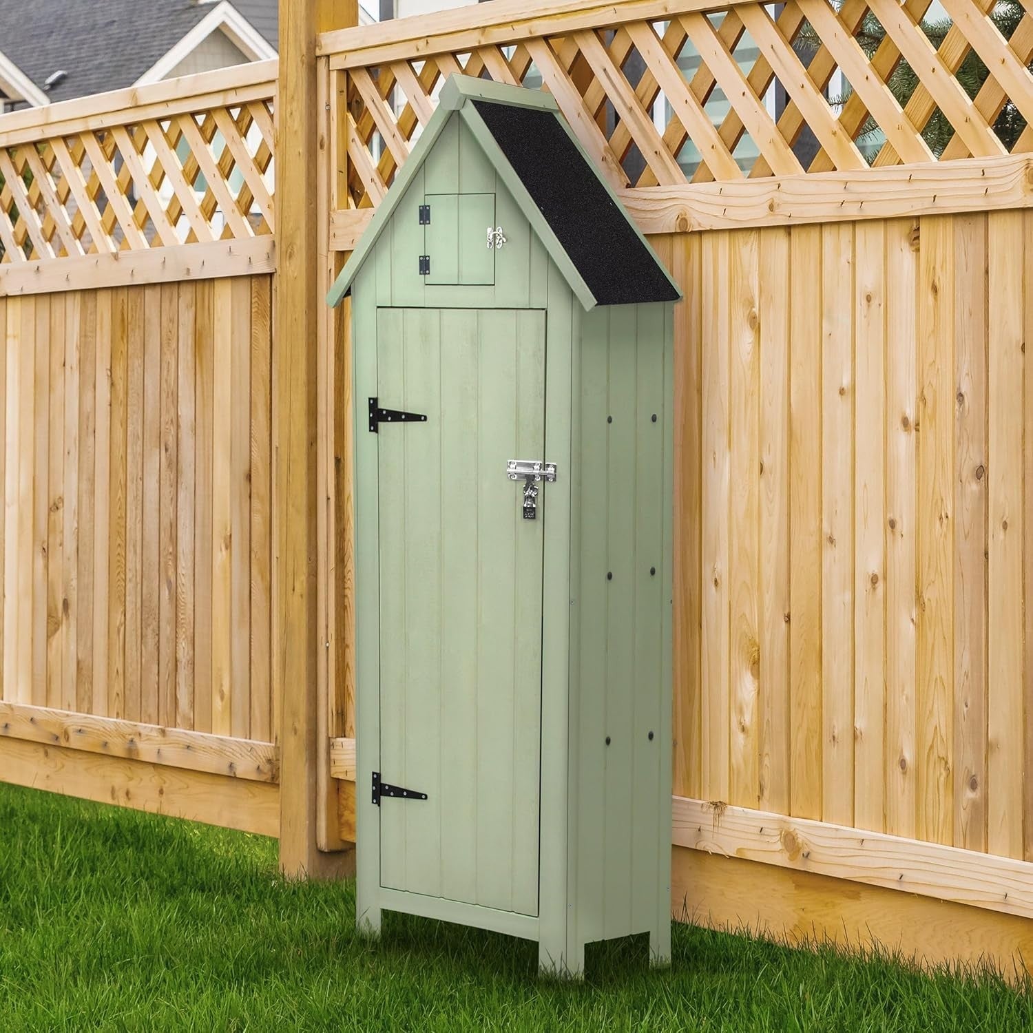 Wooden Garden Shed Outdoor Storage with Shelves, Hooks & Lockable Doors Green