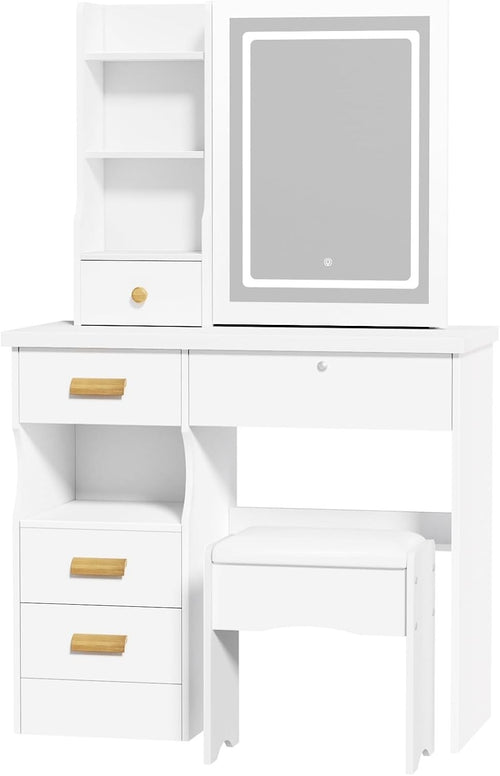 White Dressing Table Makeup Vanity Desk w/Mirror LED Lights Storage Drawers Smal