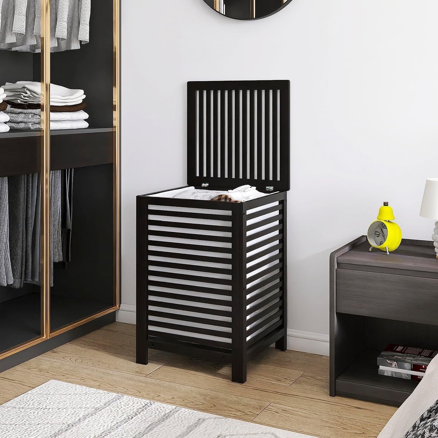 Black Bamboo Double Laundry Hamper with Lid 120L 2 Section Basket 47x47x65cm