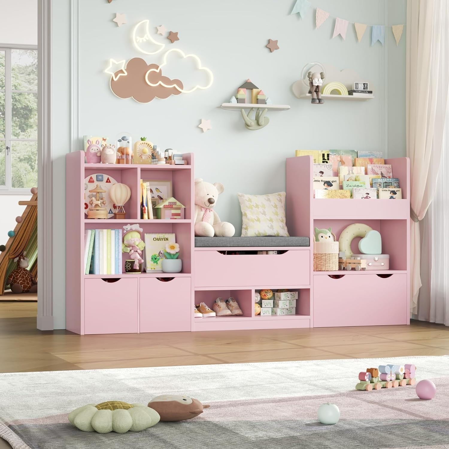 Kids Toy Storage Unit with Bench, 3 Drawers & 7 Shelves – Pink Organizer