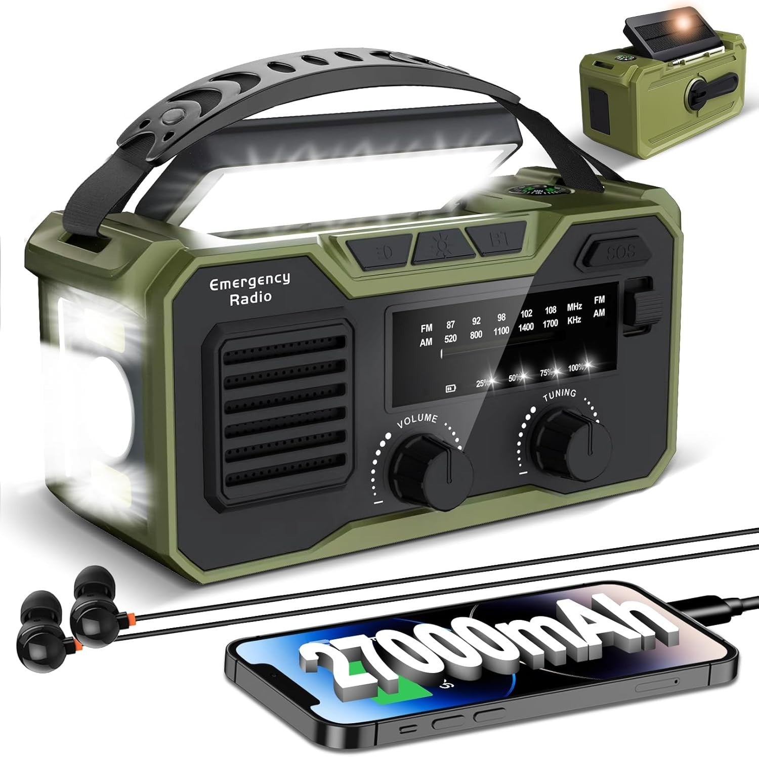 27000mAh Emergency Wind Up Radio, Solar FM AM, SOS Alarm & Flashlight