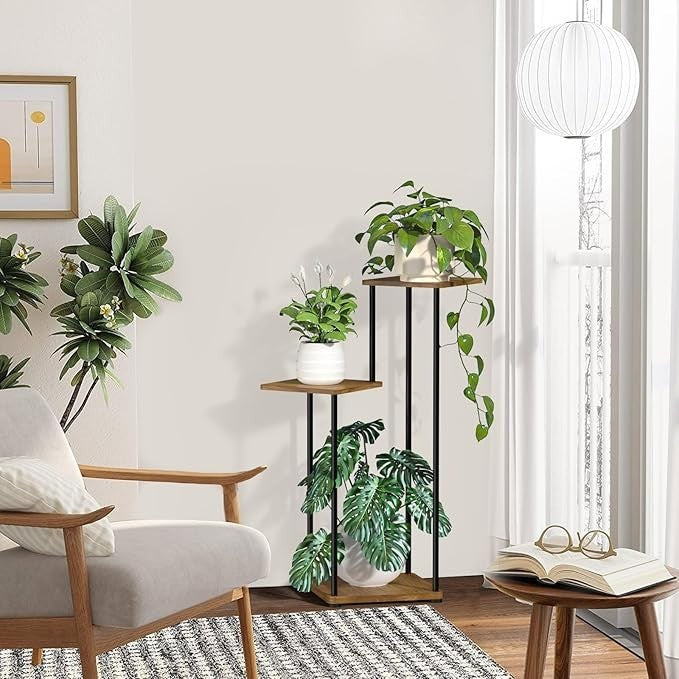3 Tier Metal & Wood Tall Plant Stand Indoor Corner Flower Display Shelf