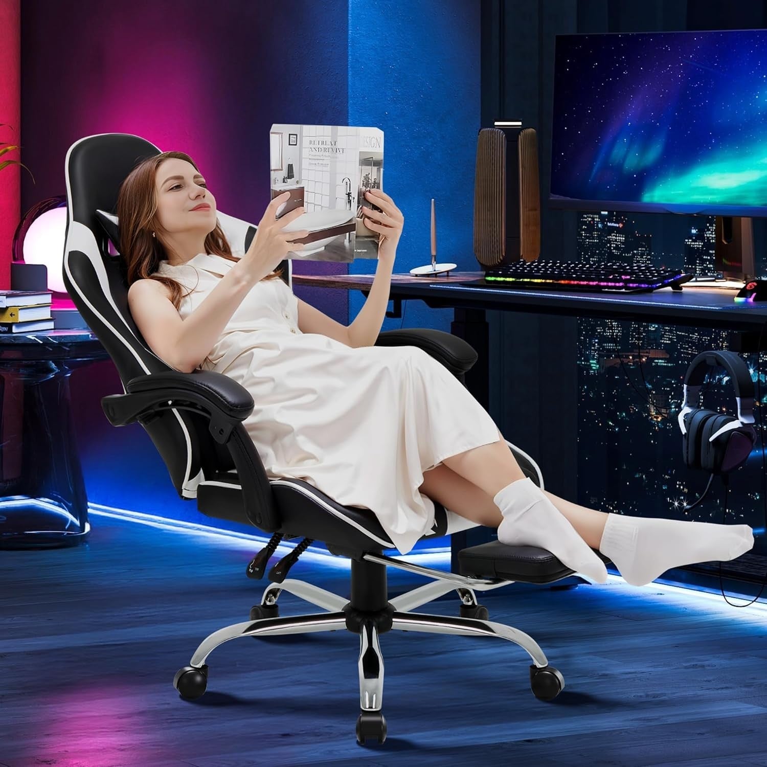 High Back Ergonomic Gaming Chair Swivel Recliner Office Seat Headrest Lumbar Whi