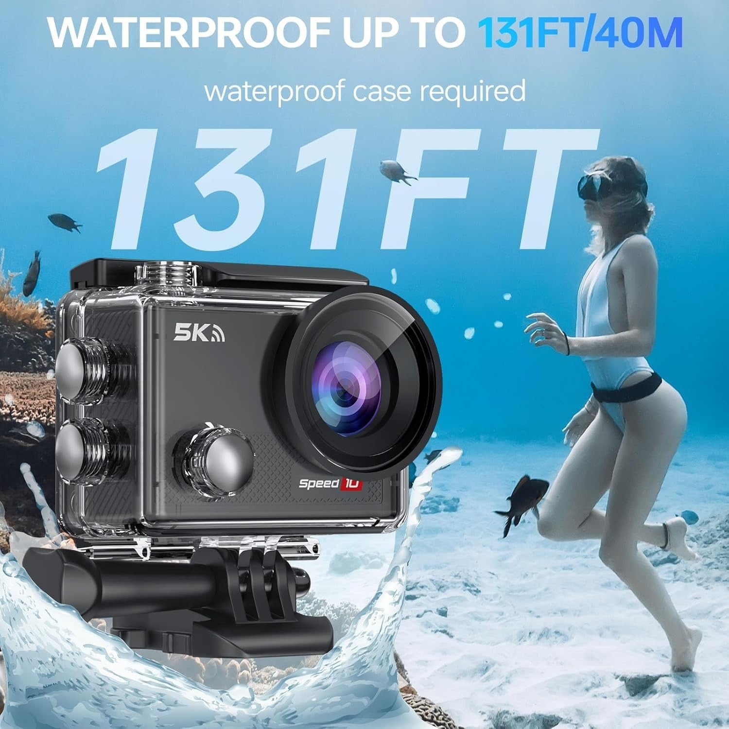 5K Action Camera Waterproof 131FT WiFi EIS Remote 64GB Black