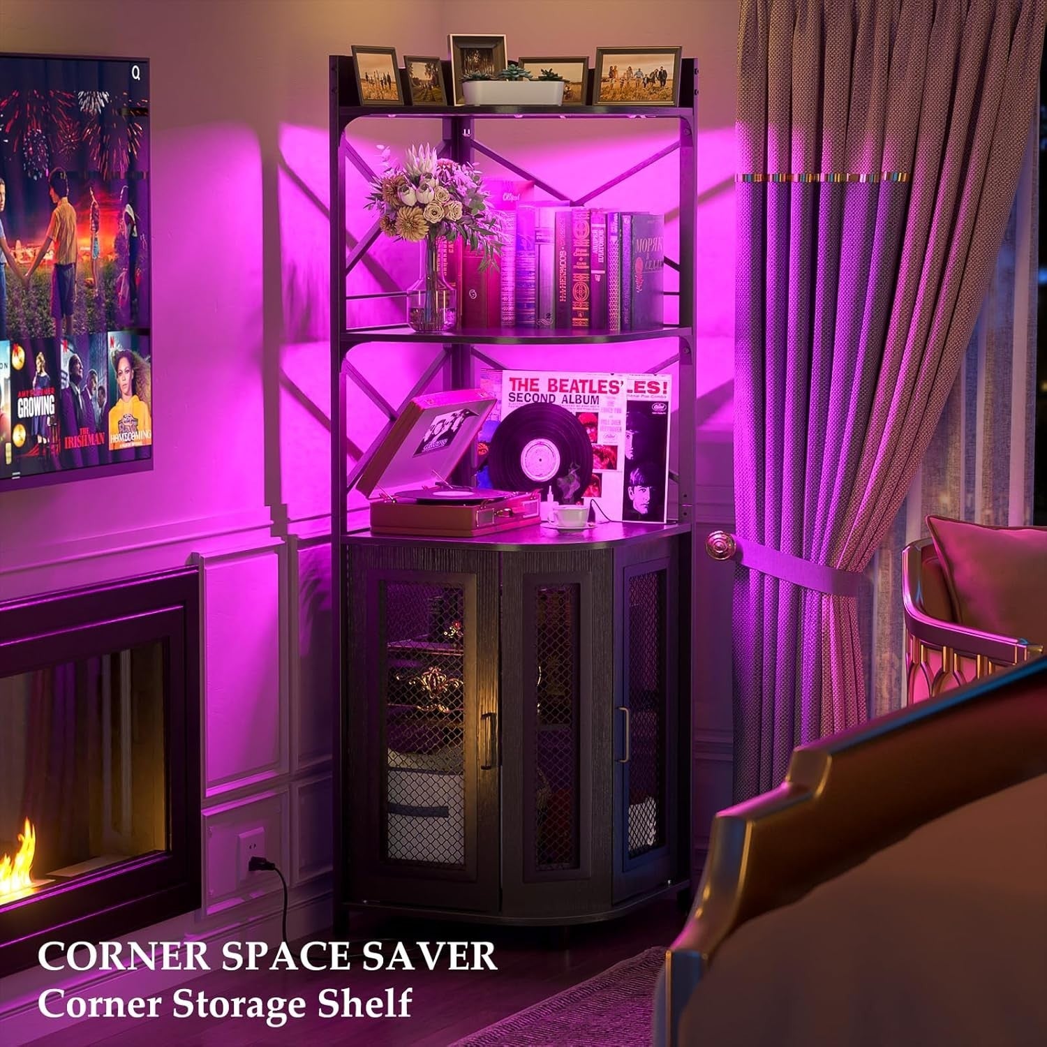 Corner Bar Cabinet with LED Lights & Power Outlets, 5-Tier Liquor Display