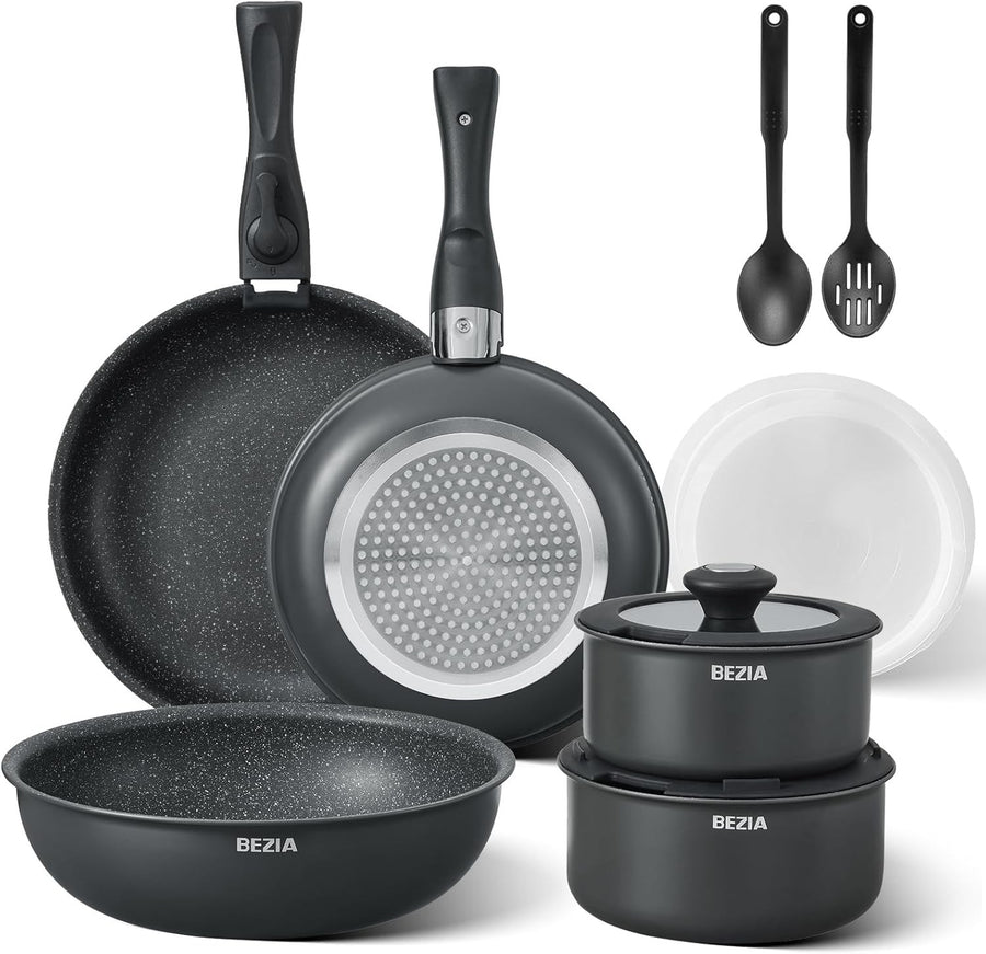 13Pcs Black Non Stick Cookware Set with Detachable Handles Induction & Oven Safe